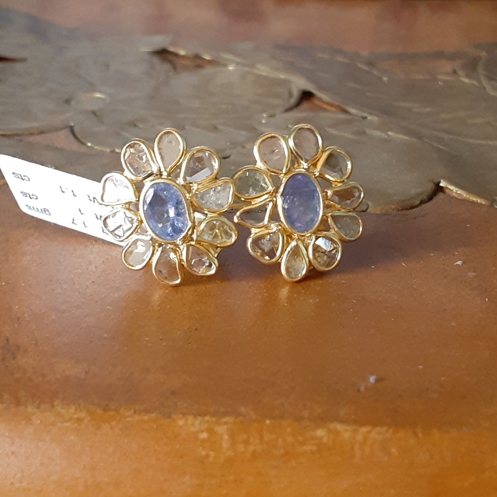 Ruby & Tanzanite Polki diamond studs. - Picture 5 of 6